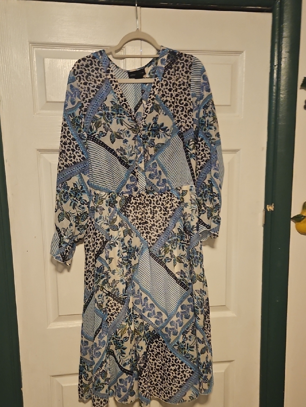 Blue Patchwork Print V-Neck Midi Dress